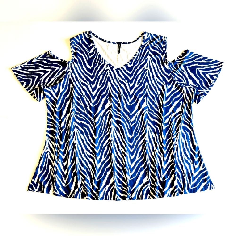 Womens Ladies Shirt Top Oversized Cold Shoulder Zebra Print Plus Size 3X Blue